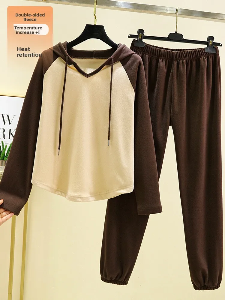 

Женский комплект с капюшоном на подкладке Fce, повседневная свободная домашняя одежда, ночная рубашка, костюм из двух предметов, длинные брюки све, зимнее тепло