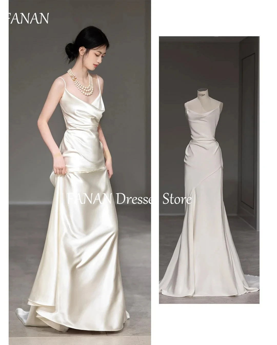 

FANAN Korea Sheath Ivory Spaghetti Straps Wedding Dresses Silk Satin Backless 웨딩드레스 Ruched Custom Made Bride Gowns Plus Size