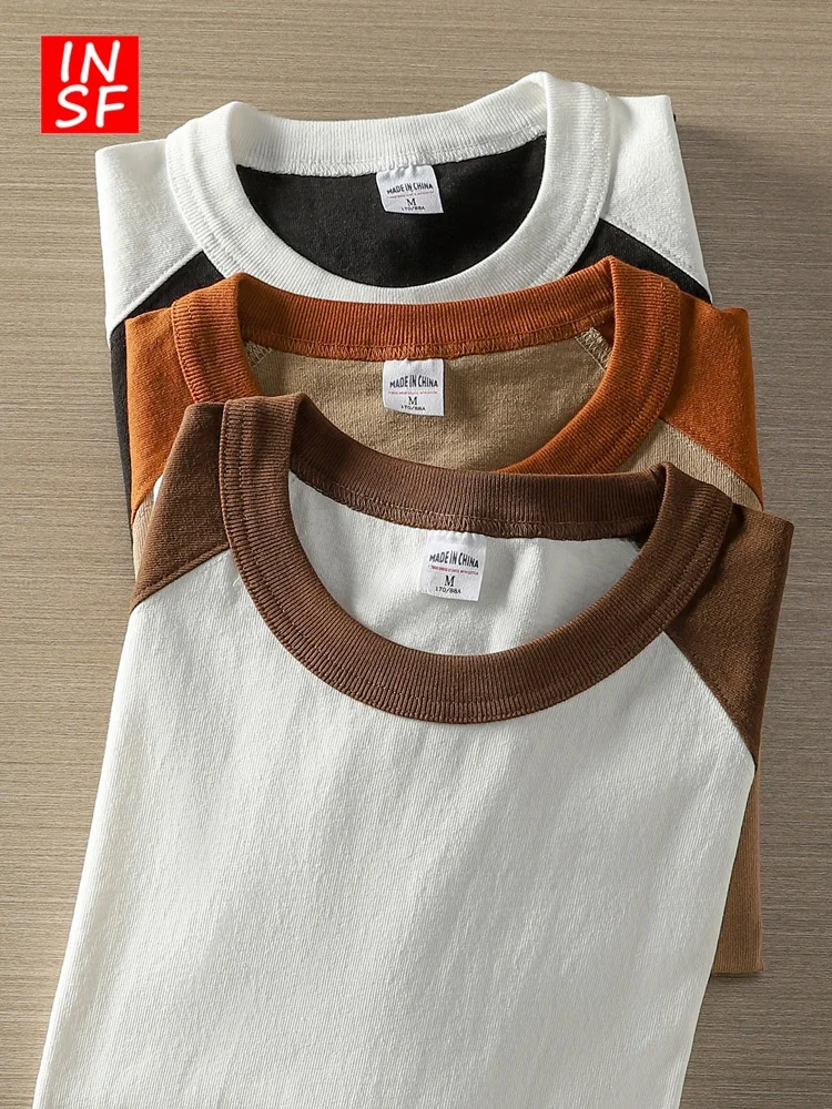 

Мужская футболка American Sle Heavyweight из 100% хлопка, 400 г, с вставками на плечах, короткий рукав, весенняя новинка, трендовый бренд, цветные блоки.