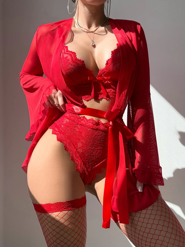 

VampNight Sexy Red Lace Chiffon Nightgown 3pcs Set Women Pajamas Long Sleeve Robe Female Lingerie Three Piece Bra Suits