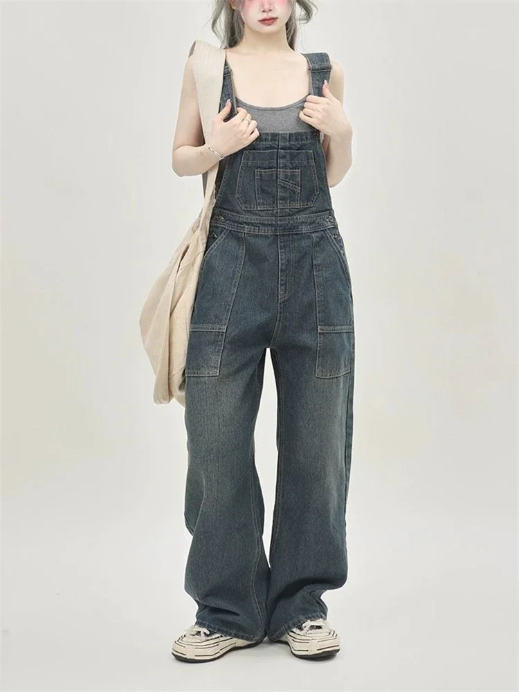 Women's Casual Blue Overalls Fashion Wide Leg Girl Suspender Jumpsuits Pants Female Streetwear Rompers Straight Denim Trouser