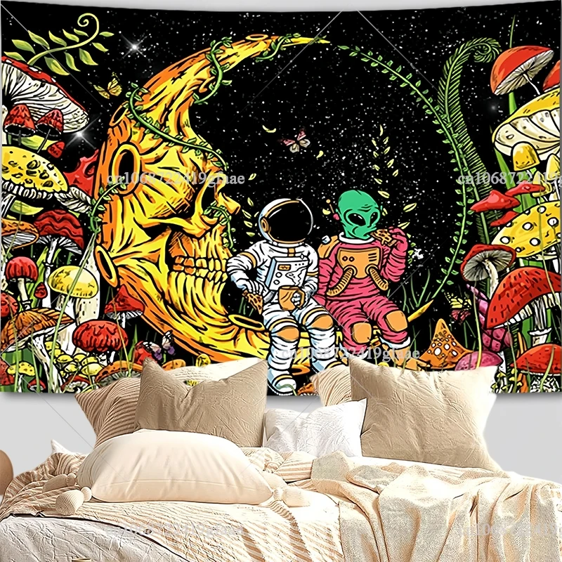 

Astronauts Aliens Tapestry Hippie Skeleton Mushroom Wall Tapestries Home Decor Aesthetic Cloth Fabric Large Size Tapestrys