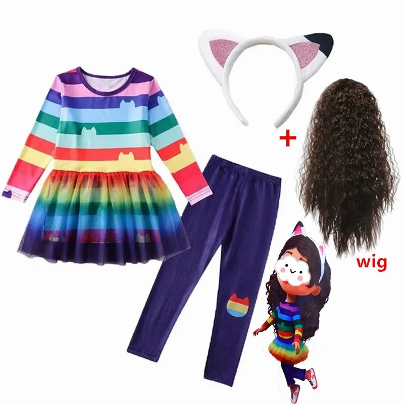 G-Gabby Cats Baby Girls Summer G-Gabby's Dollhouse Dress Rainbow stripe Kids Cosplay Princess Toddler Birthday Party Dresses+wig