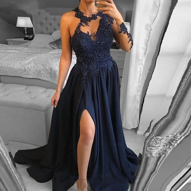 Gorgeous Navy Blue Dubai Evening Dresses Single Long Sleeve A Line Split Lace Beaded Formal Prom Night Party Gowns Robe De Soire AliExpress 320
