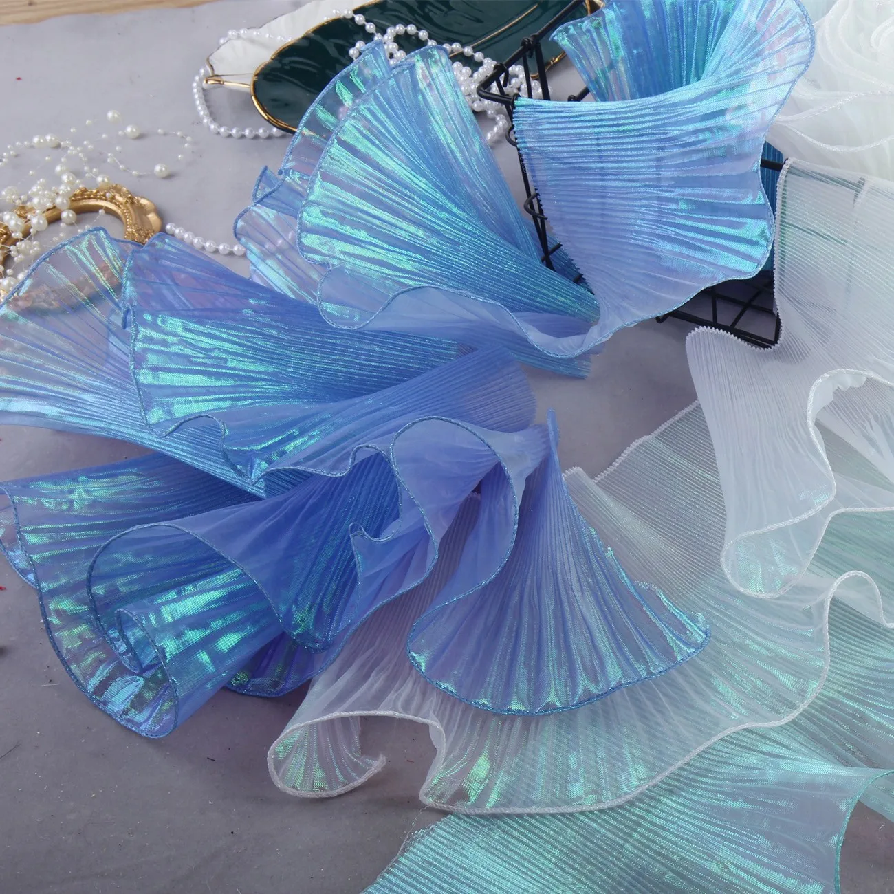 14cm Iridescent Organza Gradient Pleated Lace 3D Mermaid Clothing Skirt Trim Accessories Frill Lace