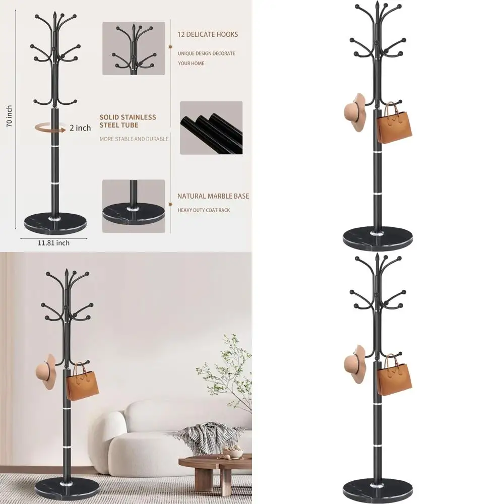 

Стильная напольная вешалка для одежды с 12 крючками, прочная черная подставка, основание из натурального мрамора для прихожей или офиса