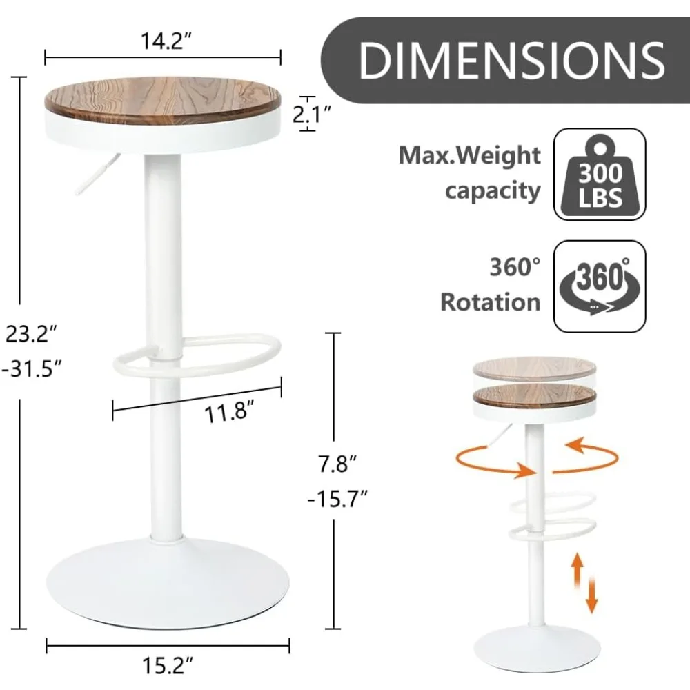 Kidol & Shellder Bar Stools Set of 2 Round Adjustable Swivel Barstools Modern Backless Bar Chairs Wooden Seat Counter Height Sto