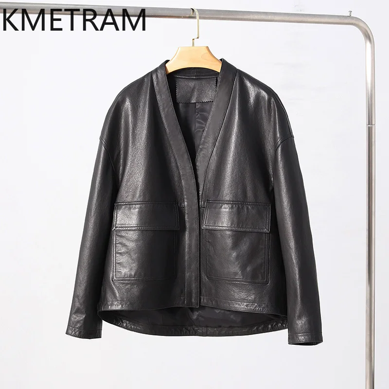 Genuine Leather Jacket Woman Real Sheepskin Old Money Style V Neck Jackets Loose Fit Coat 2025 Spring Women Clothing кожанка
