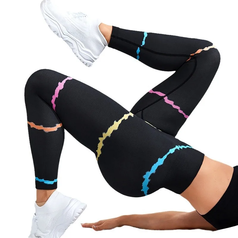 Women Colored Stripes Leggings Nylon High Waist Tights Gym Sports Running Seamless Butt Lift Fashion Slim Yoga Fitness Pants