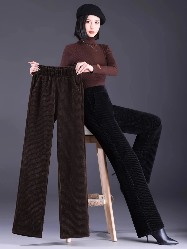 

High Waist Velvet Wide Leg Pants Women's Autumn Winter Thiened Fce Drapey Warm Straight Cut Trousers Casual Sle