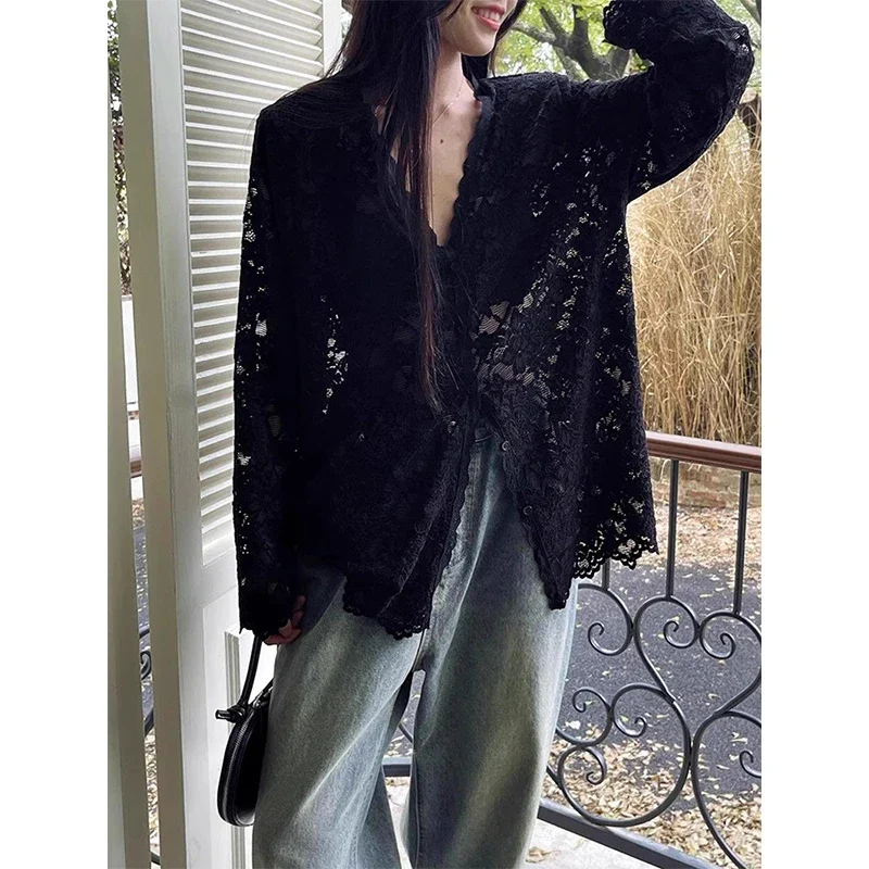 Y2K 레이스 쉬어 블랙 셔츠 여성 streetwear 섹시 할로우 화이트 블라우스 한국 ... - 1