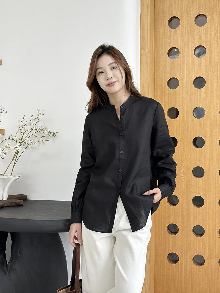 

Ele Women's Long Sve Linen irt l Cool Breathable Non-Swea Tailored Version Stand Collar Comfortable Skin-Fri...