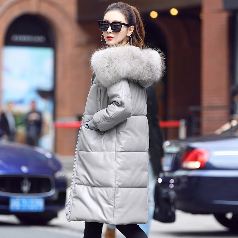 

2023 New 90%White Duck Down Women's Down Jackets Raccoon Fur Collar Hooded Coat Female Real Sheepskin Leather Jacket W