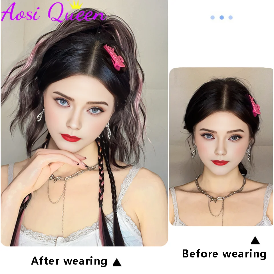 AOSI Synthetic Wig Braid Claw Clip Highlighted Color High Ponytail Sweet Cool Boxing Braid Half-tied Hair Twist Braid