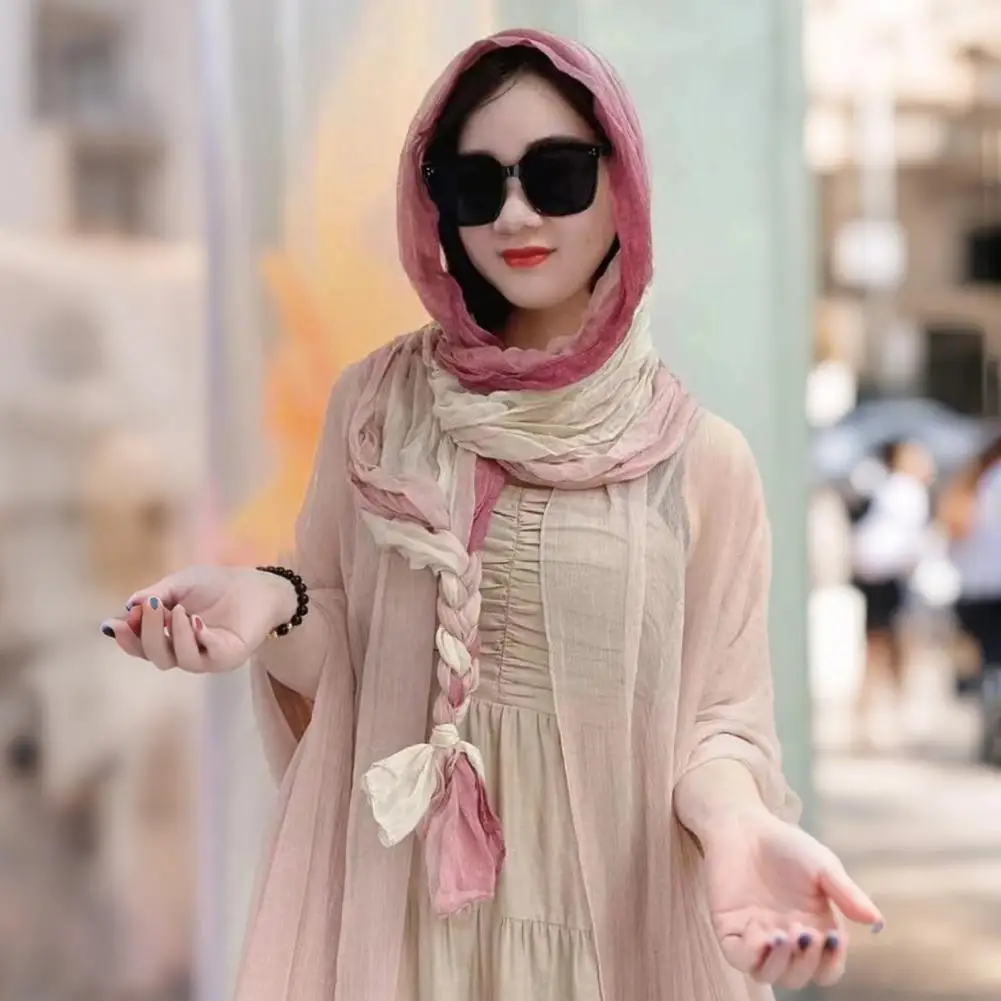

150cm Summer Scarf with Pigtail Decor Patchwork Color Comfortable Fabric Versatile Shawl Scarf UV Protection Shawl Photo Props