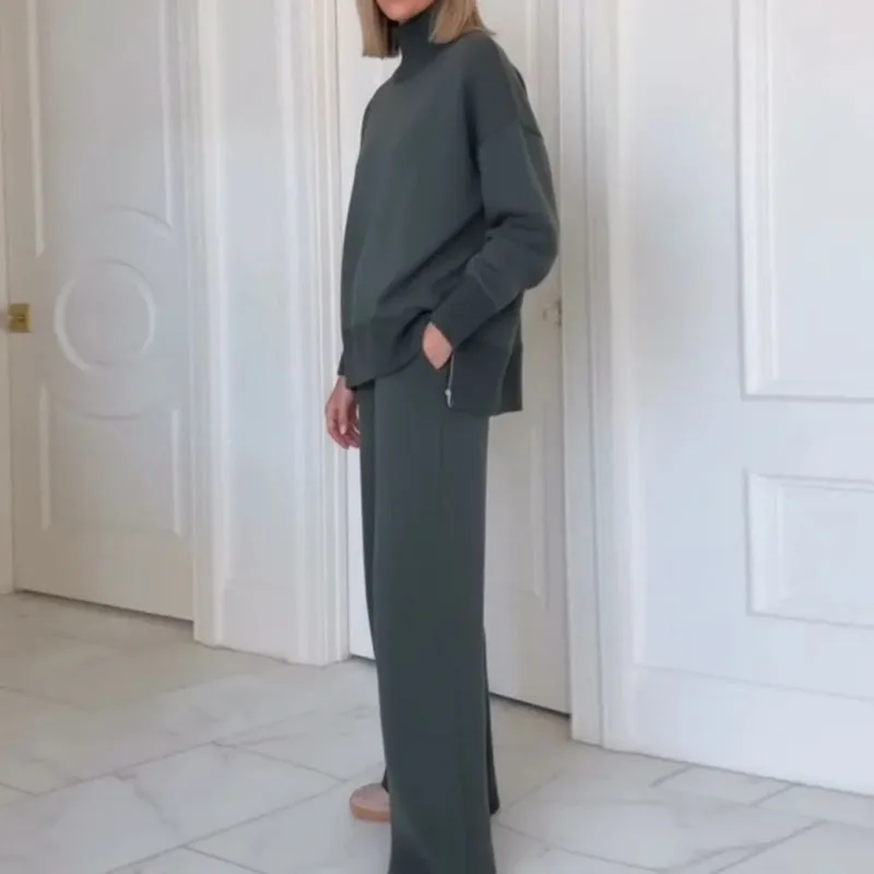 Frühling Rollkragen Sweatshirt & Casual Hosen Set Elegante Solide Patchwork Rippe Gestrickt Outfits Frau Lange Hülse Lose Herbst Anzüge