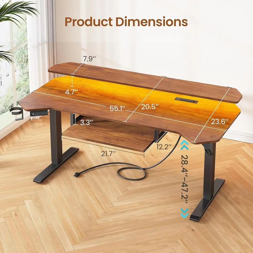 LED-lit Rustic Brown Standing Desk with Power Strip, Monitor Stand, and Keyboard Tray for Gaming and Small Spaces