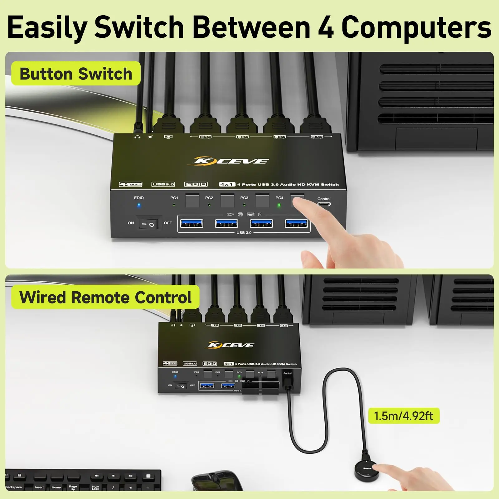 KVM-Switch 4 Computer 8K@60Hz 4K@144Hz, Simulation EDID, KCEVE USB3.0 KVM-Switch für 4 PC Share 1 Monitor Tastatur Maus Headset