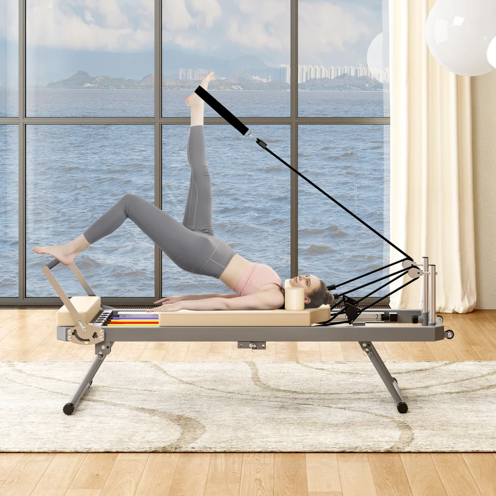 

Foldable Home Pilates Reformer Machine - High Strength Springs, Up to330lbs, Beige for Beginners