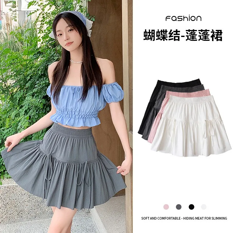 Sweet Sle Bow Lace-up Puffy Skirts White Skirt Women's Summer Small A Word Short dress Flower Bud Skirt