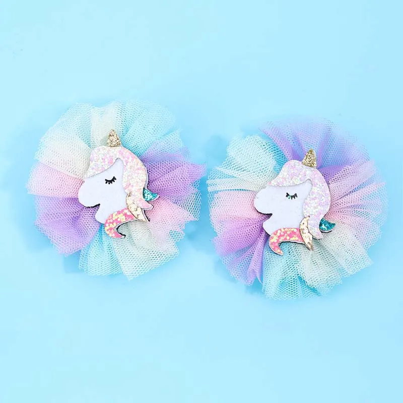 ncmama 2Pcs Unicorn Rainbow Mesh Hair Clip For Girls Cute Cartoon Animal Hairpin Kids  Barrettes Headwear Hair Accessories Gifts