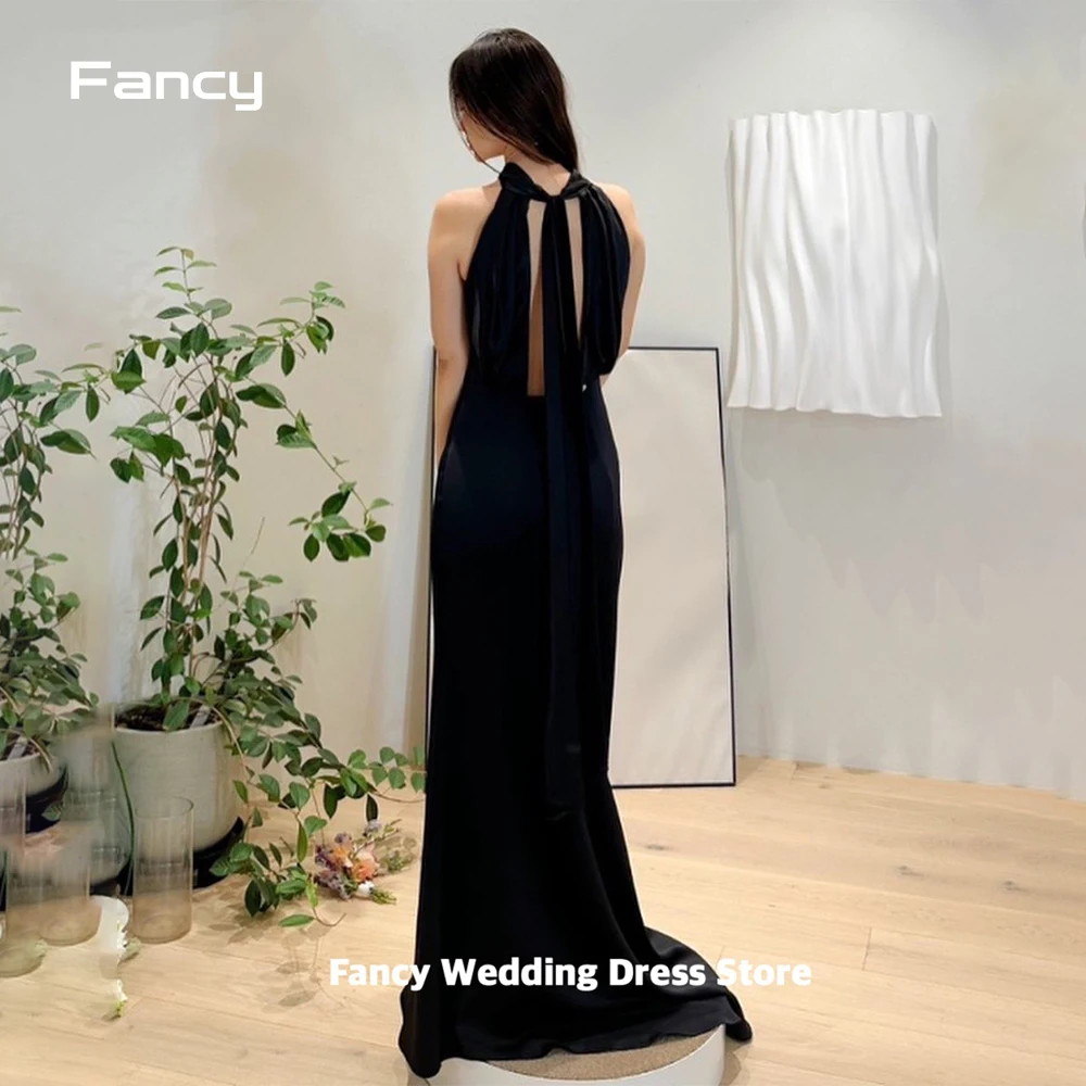 Fancy Simple Halter Black Wedding Dress Mermaid Bridal Gown Korea Women Photo Shoot Elastic Satin Bridal Dresses customized