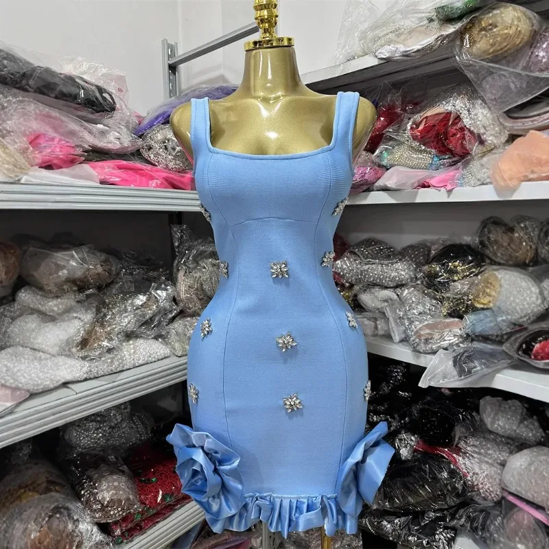 

Sexy Bodycon Dress Women Ruffles Square Collar Rhinestone Mini Evening Party Club Elegant Luxury Birthday Dresses 2025 Fall New