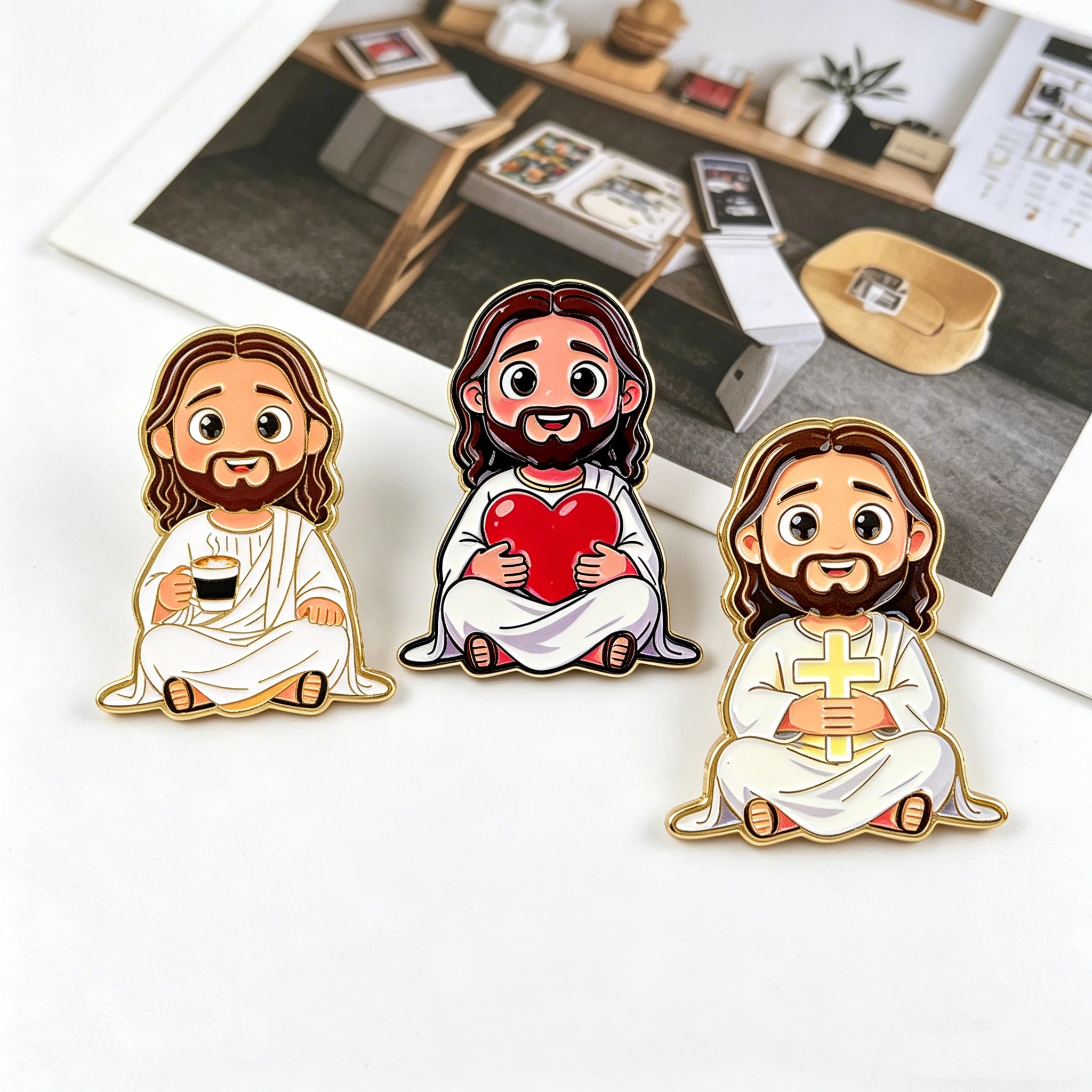 3-teiliges Set Jesus Emaille-Anstecknadeln Herz Kreuz Kaffee Glaube Broschen für Damen und Herren Rucksack-Accessoires Taschen-Abzeichen Mode-Ansteckschmuck Geschenk
