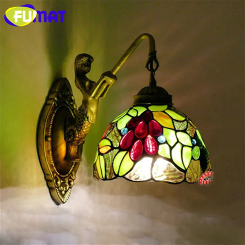 

FUMAT Tiffany style European vintage stained glass 8inch wall lamp for dining room bedroom bedside corridor cafe LED decor