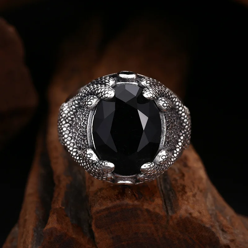 S925 Sterling Silver Black Zircon Adjustable Ring Punk Style Hip Hop Snake Old Process Free Size Fine Jewelry FYRNG088