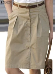 ZANZEA-Saias femininas OL para trabalho, saia elegante de cintura alta, veste plissada casual feminina, botões vintage para cima, moda verão