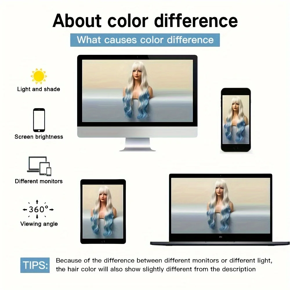 شعر مستعار طويل أومبير أزرق بطول 26 بوصة مع غرة - موجة جسم مقاومة للحرارة 100% كثافة للحفلات اليومية قطعة شعر أنيقة من الأبيض إلى الأزرق متدرجة #6