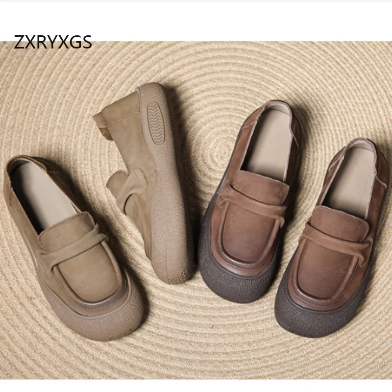 

ZXRYXGS 2025 New Fashion Top Cowhide Full Real Leather Shoes Retro Casual Sneakers Flat Thick Sole Women Versatile Trendy Shoes