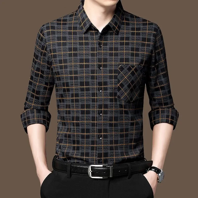 Mode Männer Vintage Langarm Plaid Shirt Frühling Herbst neue männliche Kleidung Tasche Revers koreanische Geschäft lose Baumwolle Tops