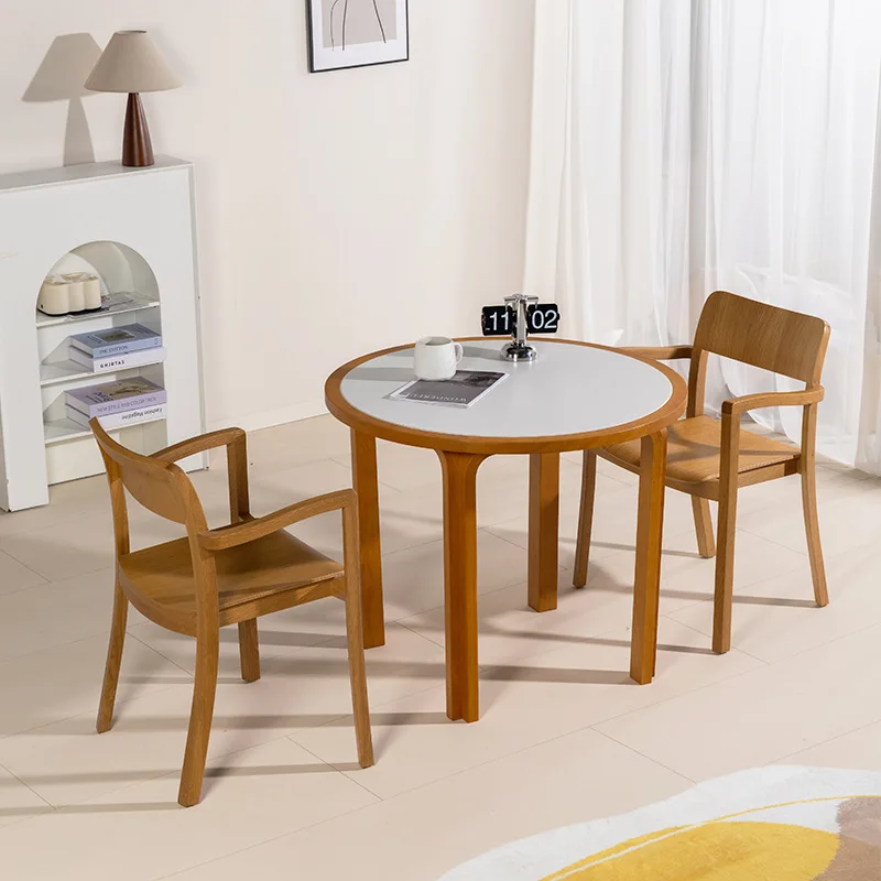 Retro solid wood rock slab dining table ins small apartment household rock slab round  dining