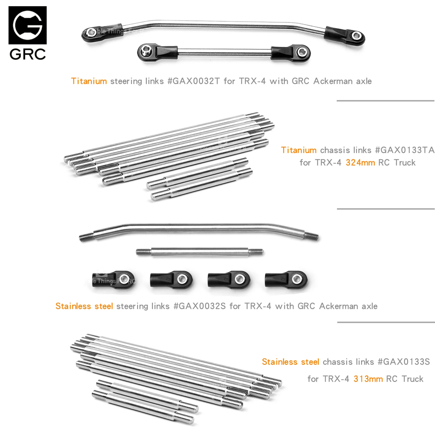 

GRC Titanium / Stainless steel Ackermann Steering Link Chassis Links For TRX4 313/324/336mm Defender Bronco Benz G500 G63 Blazer