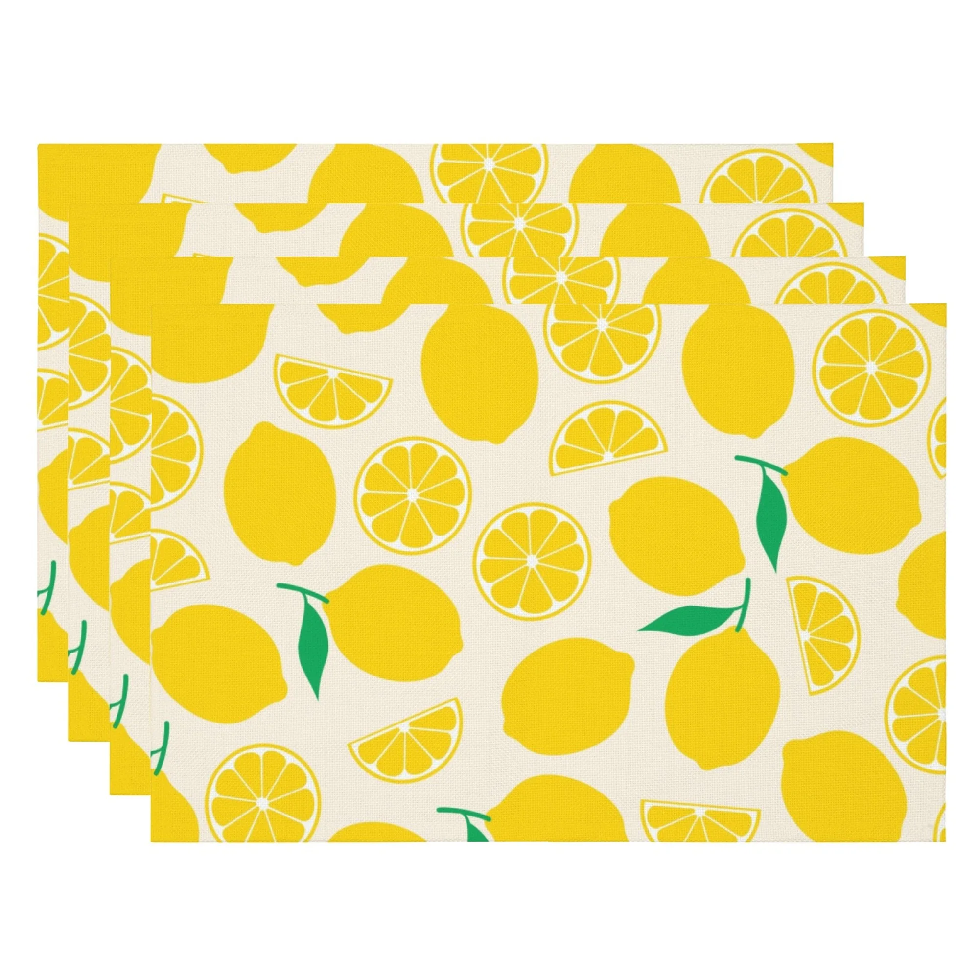 4 Pcs Set Alas Meja Kartun Klasik Motif Lemon Berwarna Beige dengan Elemen Daun Hijau Lemon Utuh & Irisan Dekorasi Meja Segar Musim Panas