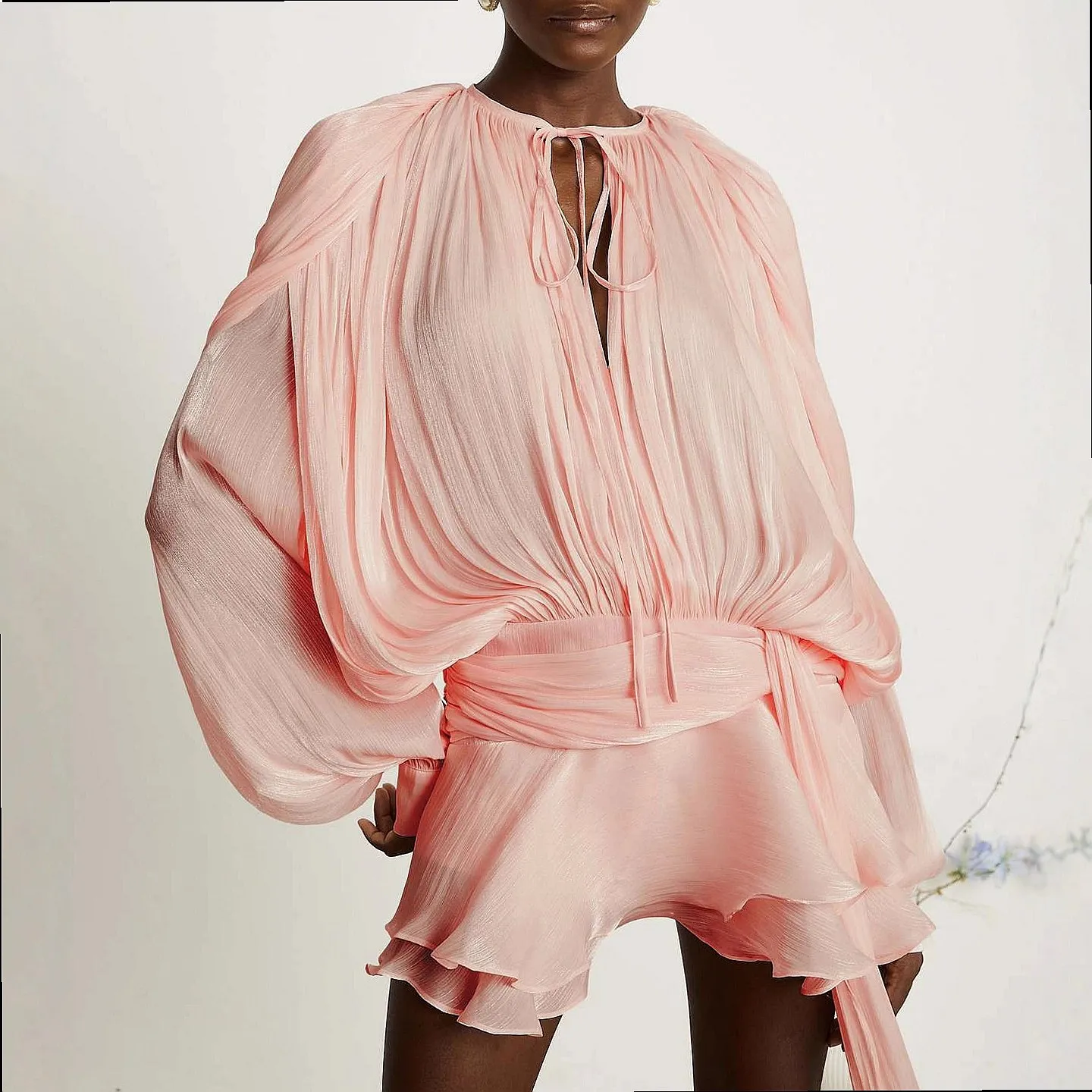 2025 European and American cross-border new French bubble sleeve dress fashionable loose lace-up bright yarn suit with leggings