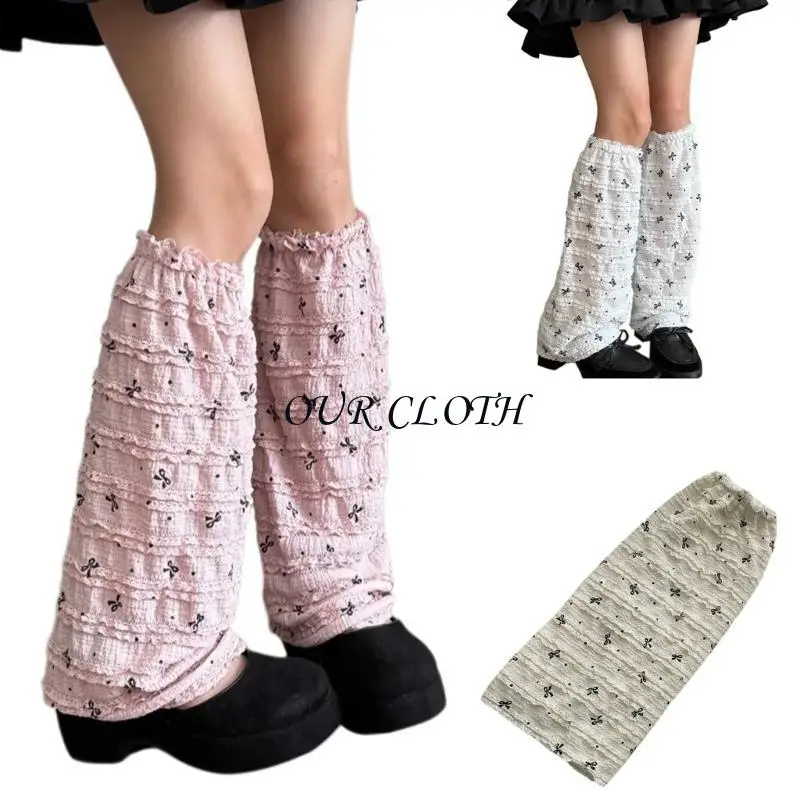 Women Girls JK Flared Leg Sleeves Japanese Sweet Bowknot Print Leg Warmer Ruffle Lace Trim Long Socks Wide Leg Cuffs Y1AC