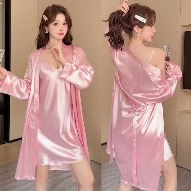 New Pajamas Female Sexy Halter Nightgown Bathrobe Set Summer Ice Silk Pajamas Simulation Silk Halter Dress Two-Piece Robe