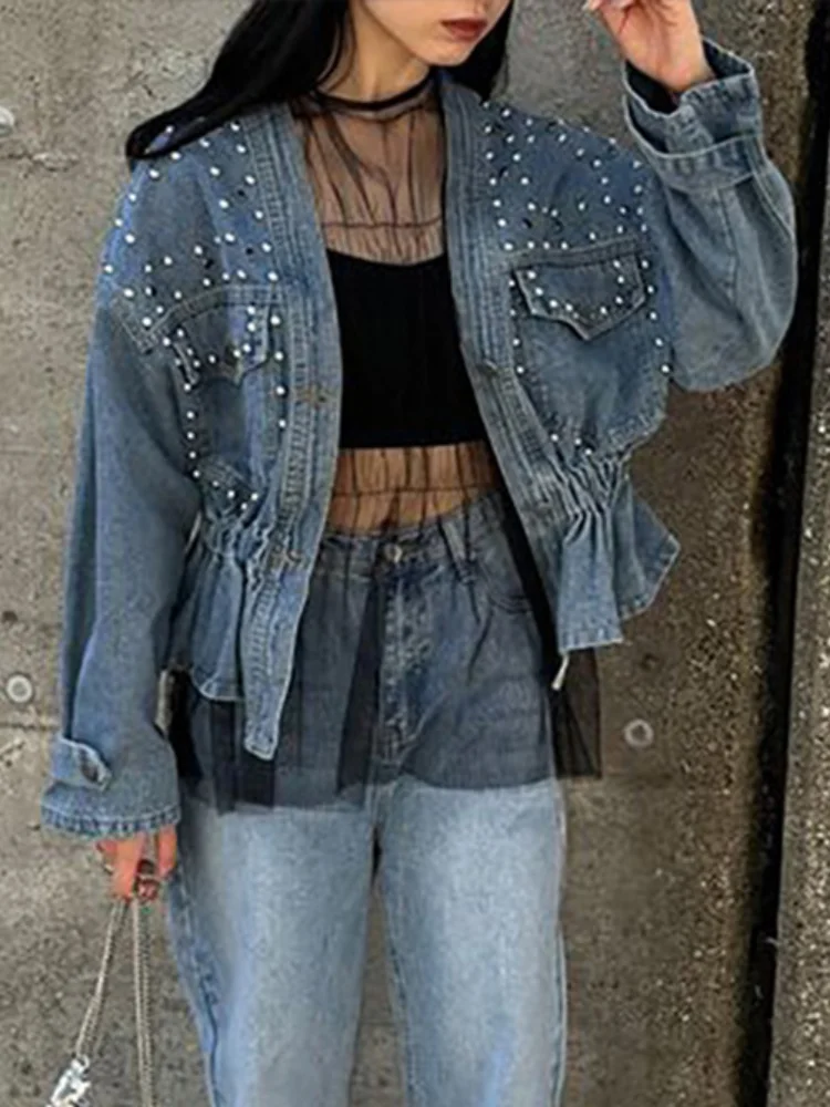 

Elegant Pocket Commuting Coat Autumn Vintage Women's V Neck Long Sleeved Jacket Casual Streetwear Single Breasted Denim Outwear