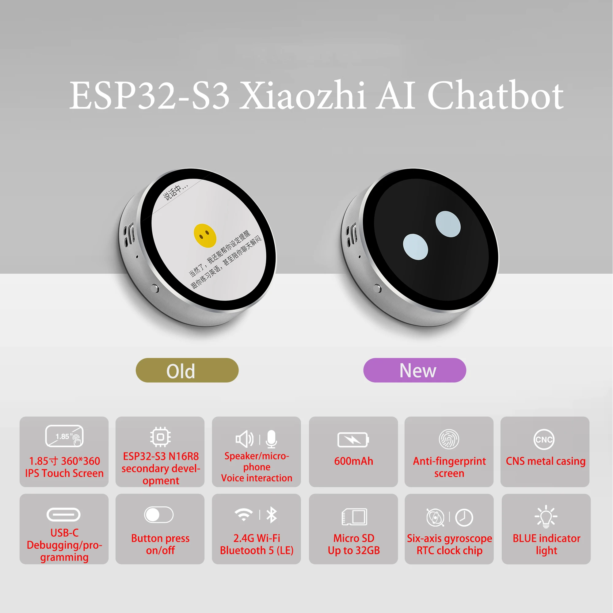DeepSeek XiaoZhi AI Voice Chat Robot BOX ESP32-S3 LVGL Development Board 1.8 inch Round Screen ESP32-S3 1.8 inch TFT LCD Display