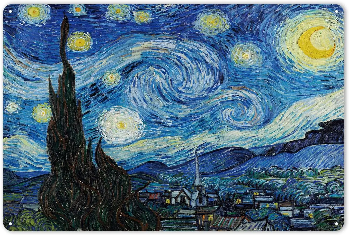 Letrero de metal de la noche estrellada, póster de 12.0 x 8.0 in, pintura icónica de Van Goghs para decoración de pared