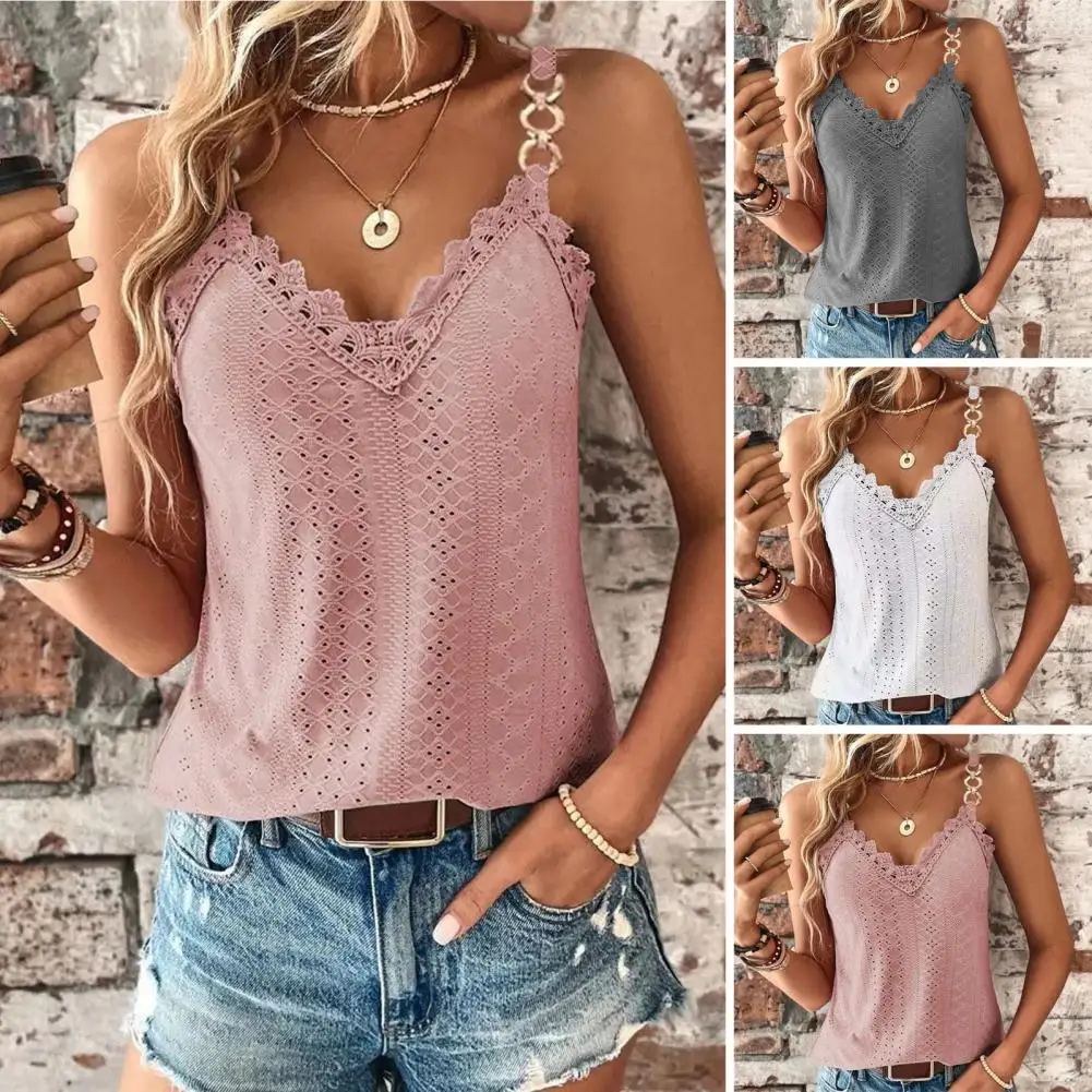 Tops de encaje con cuello en V para mujer, tirantes, ropa de calle hueca, ropa de diario, diseño sin mangas de poliéster, chaleco para mujer, suministro de citas, Top