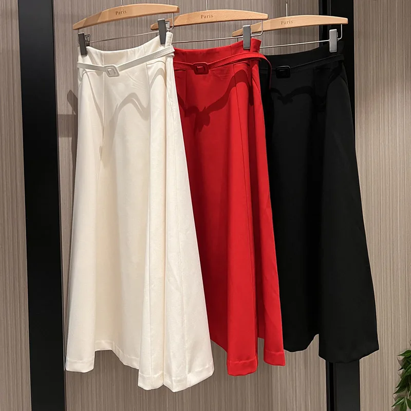 Women's New Runway 3 Color Elegant Unif Skirt High Quality High Waist Belt Slim A-line Skirts High End Clothing Early Autumn 24