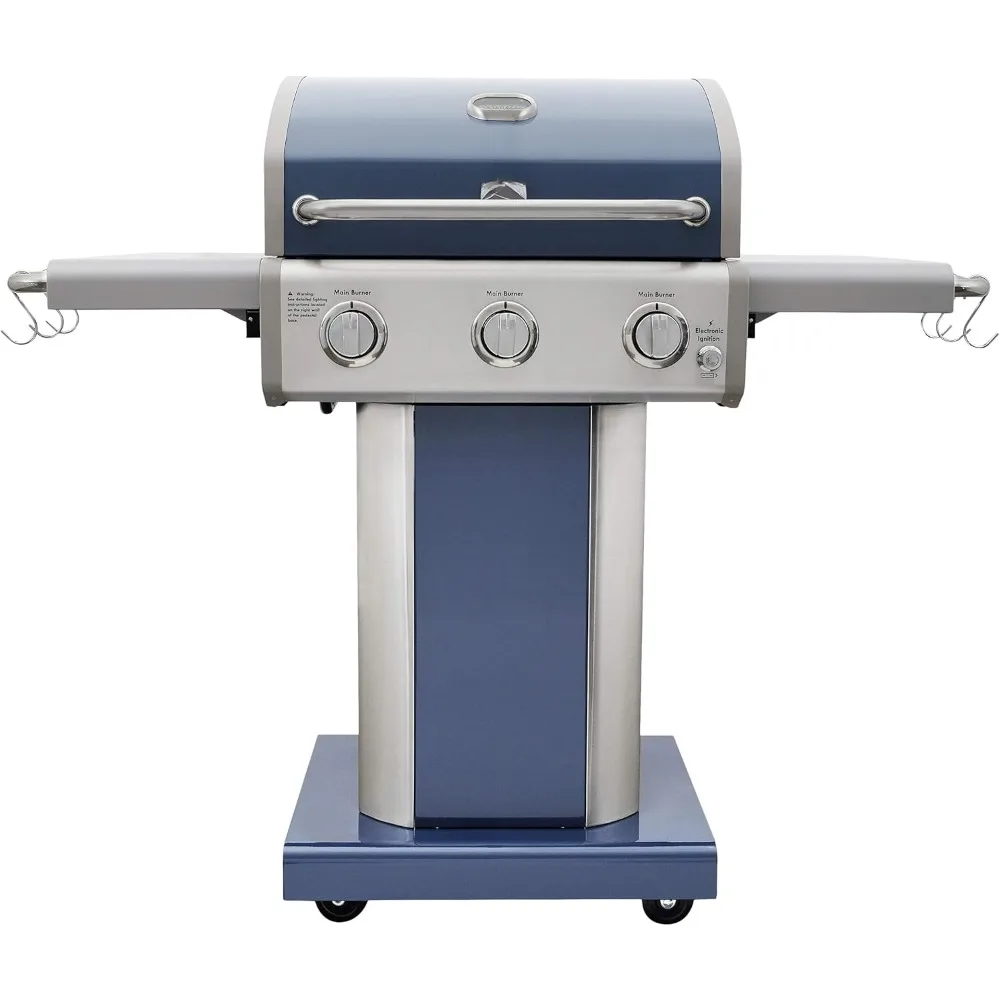 Propane grill, 30,000 btu gas grill, cast iron cooking grate, folding side table and wheels