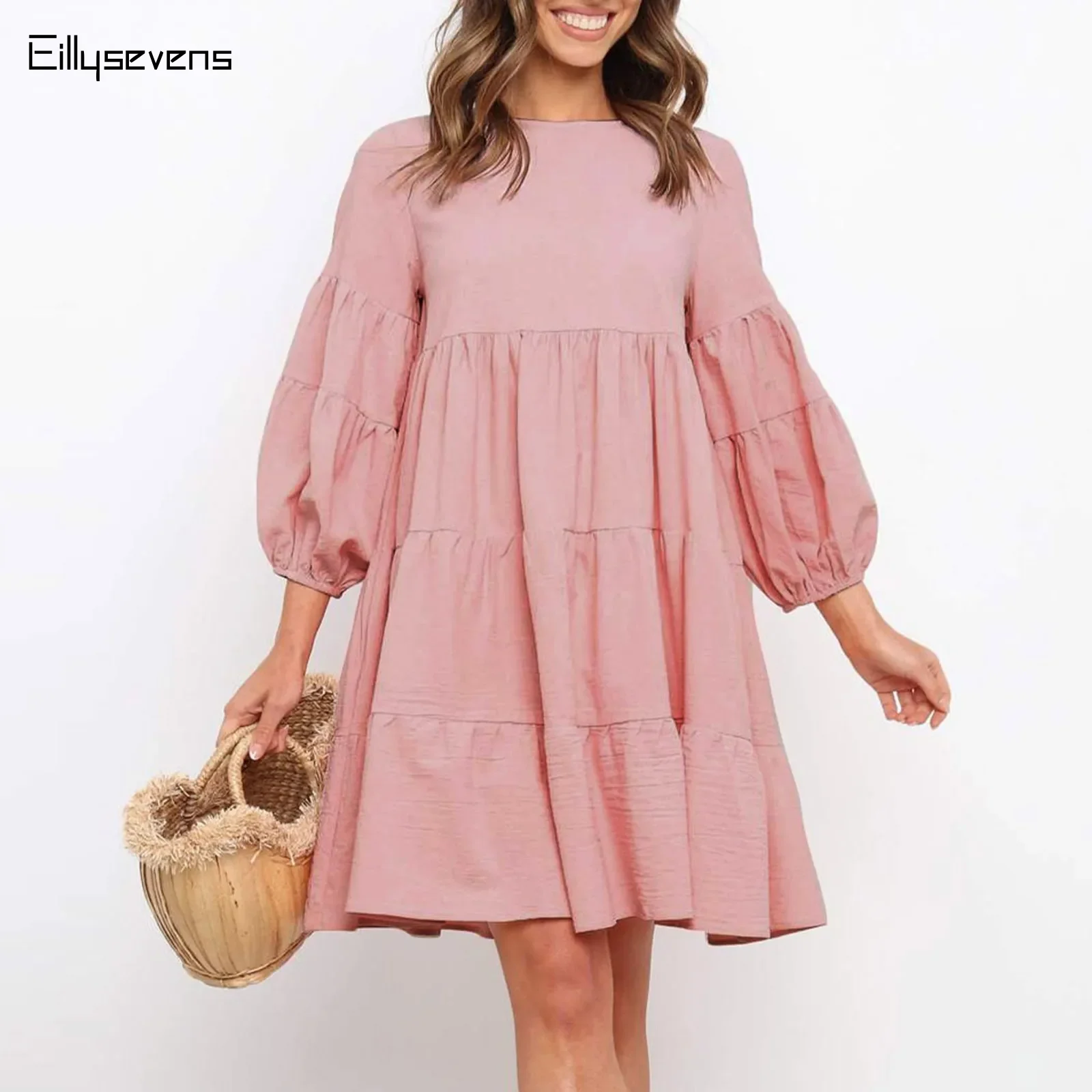 

2024 Summer Women Elegant Dress Solid Color O Neck Casual Dresses Female Lantern Sleeve Patchwork Loose Swing Dresses