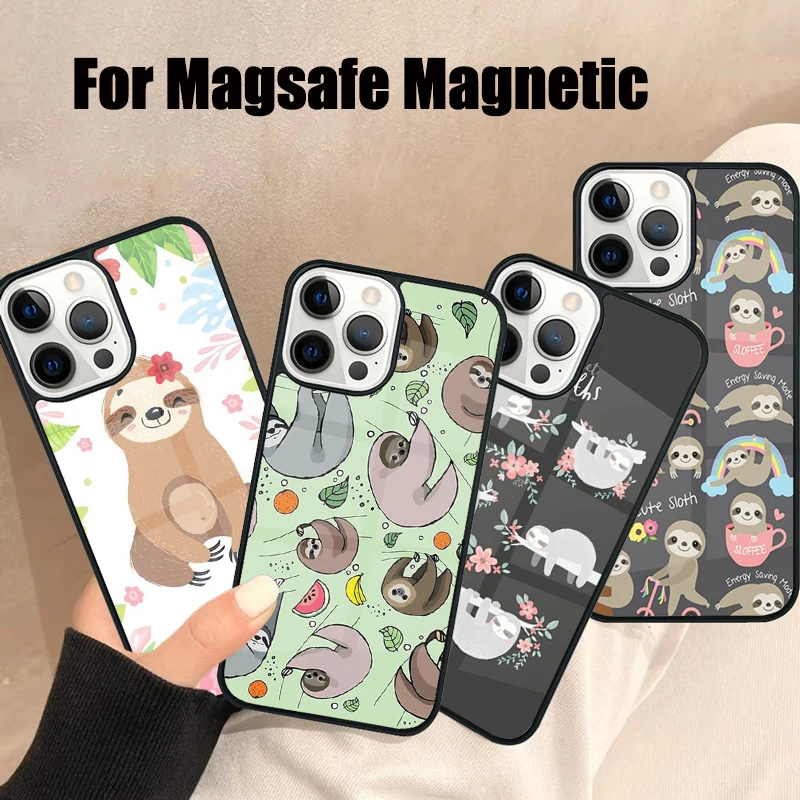 Cute Sloth Animal Magsafe Phone Case For iPhone 16 15 14 13 12 11 Pro Max Plus Mini Mirror Wireless Magnetic Cover