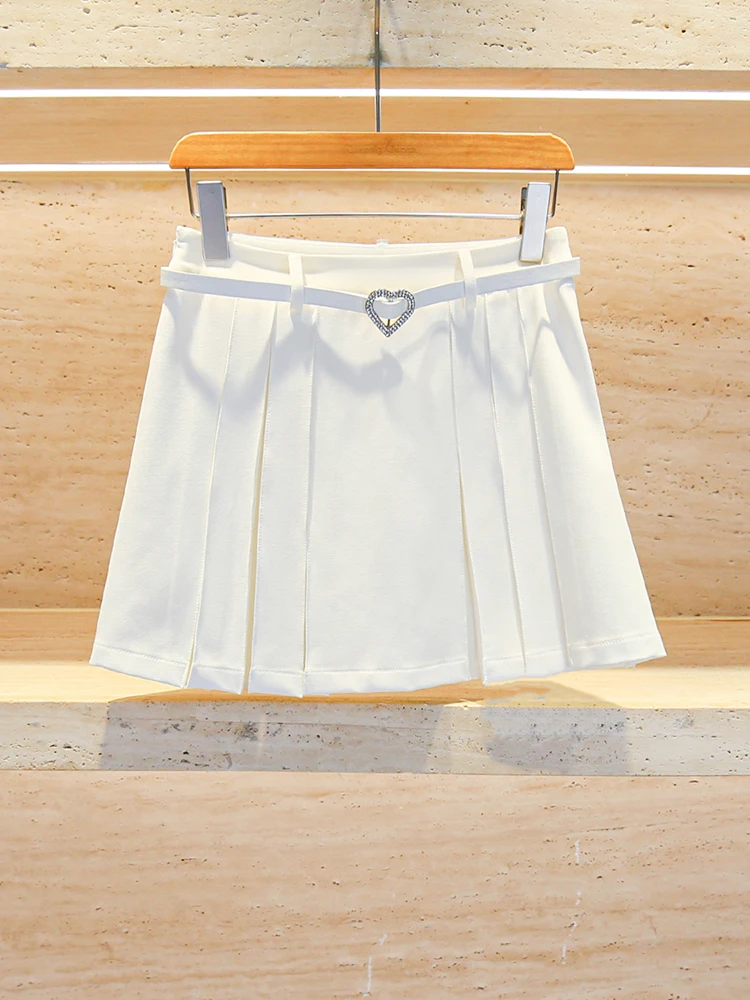 

Юбка А-силуэта с высокой талией и поясом, украшенным стразами, из полиэстера, простая, для повседневной носки, для молодых женщин