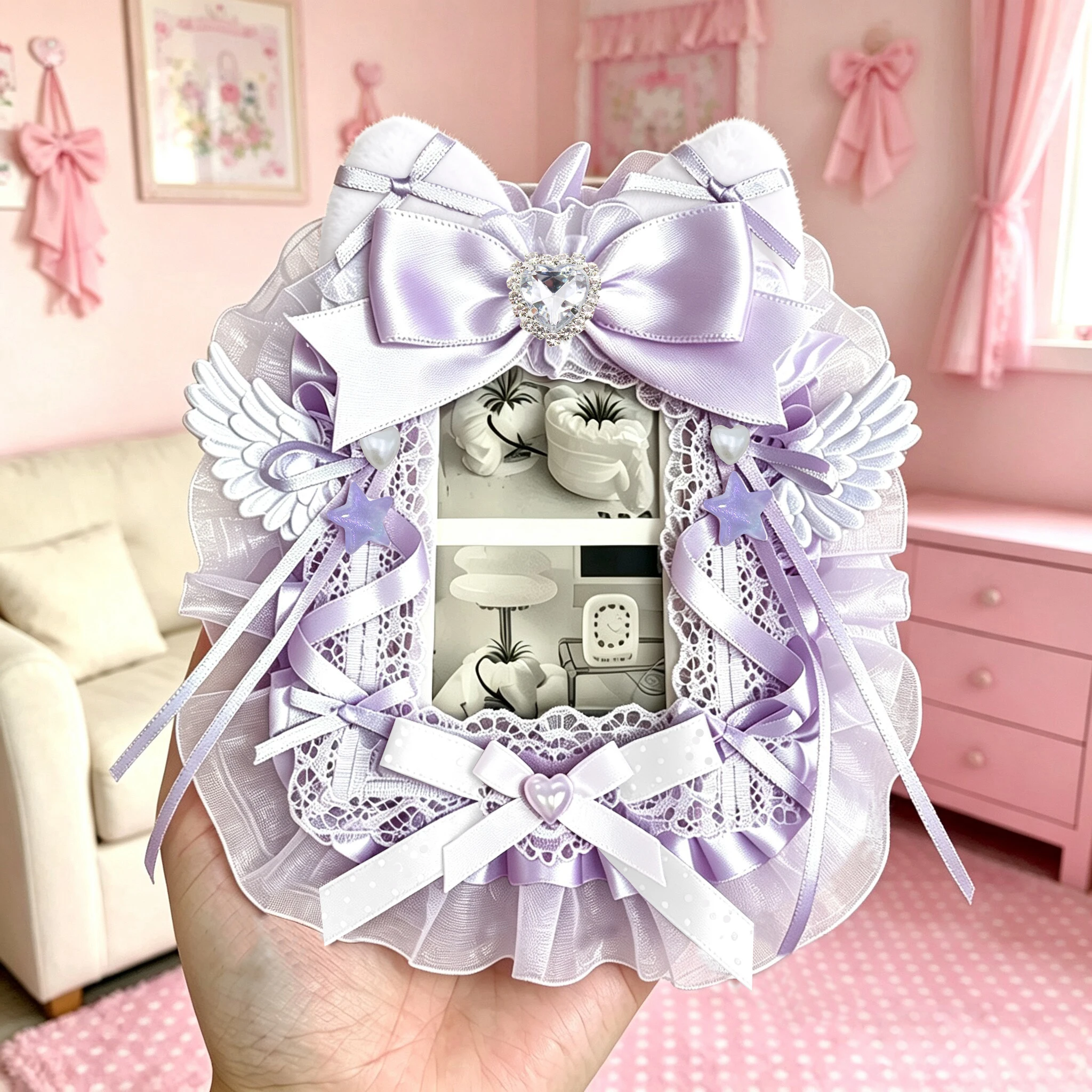 Plush Cat Ear Polka Dot Ribbon Angel Wing Lace Photocard Display Card Holder Lolita Bow 3 Inch KPOP Photocard Decor Border Macaron Color Polaroid Photo Frame Idol Collection Itabag Decor Ornament photocard topper view 5